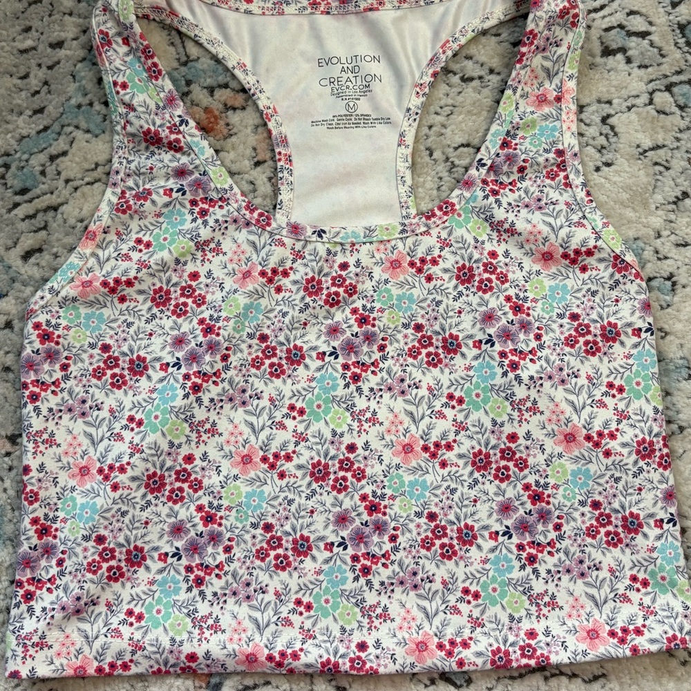 Evolution and Creation White Tank with Pink & Mint Floral Trim